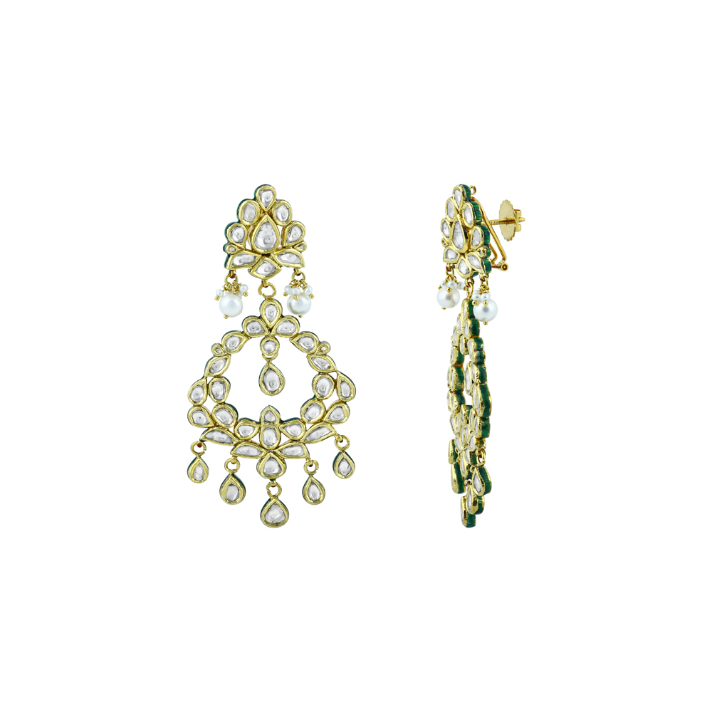 Polki Chandelier Earrings with Teardrops and Pearls